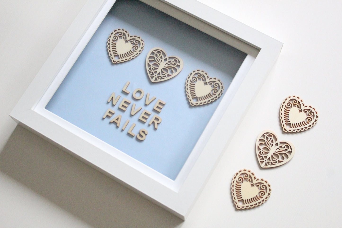 Love Never Fails Box Frame Gift - Light Blue