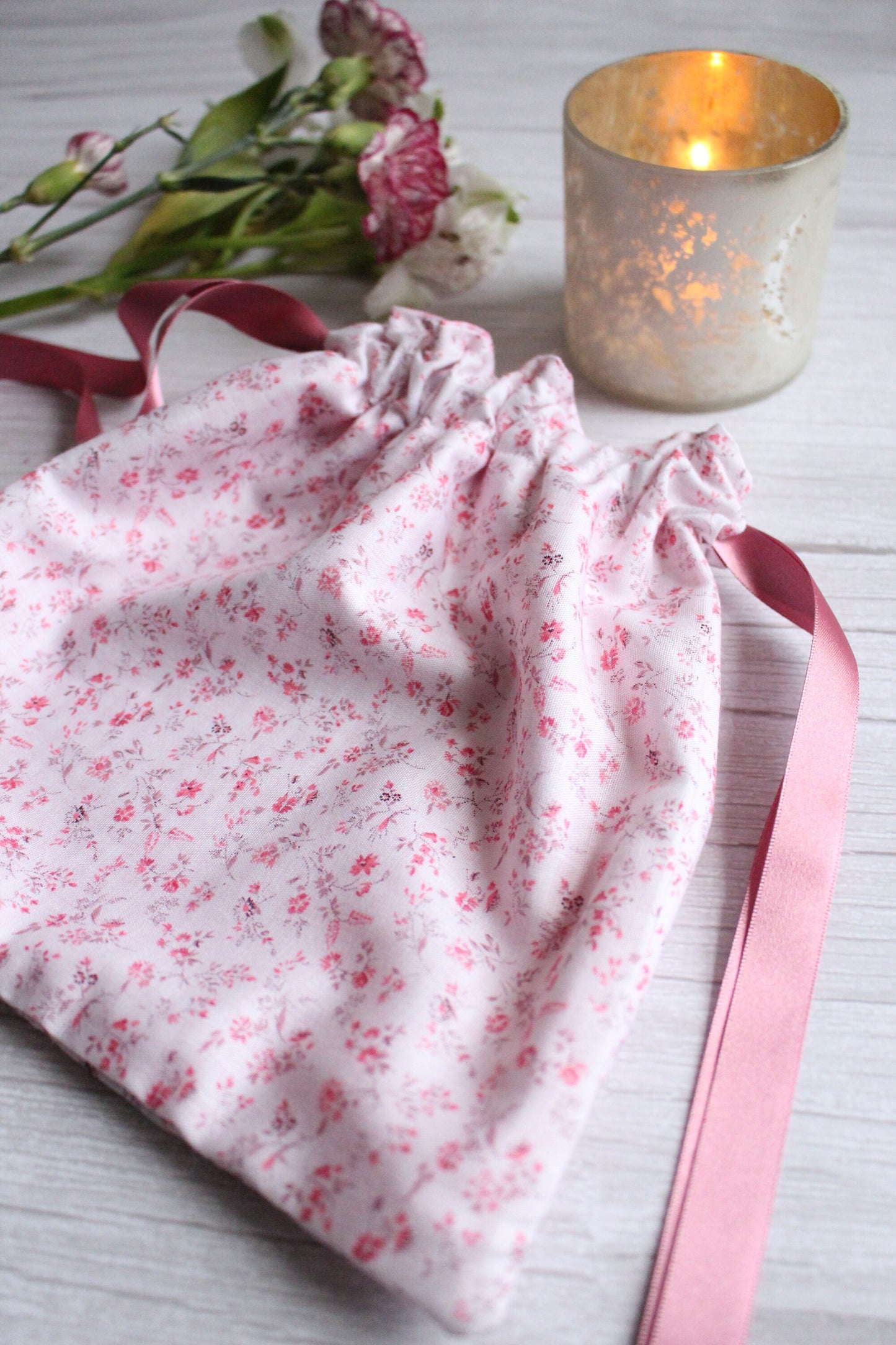 Pink Floral Fabric Drawstring Bag