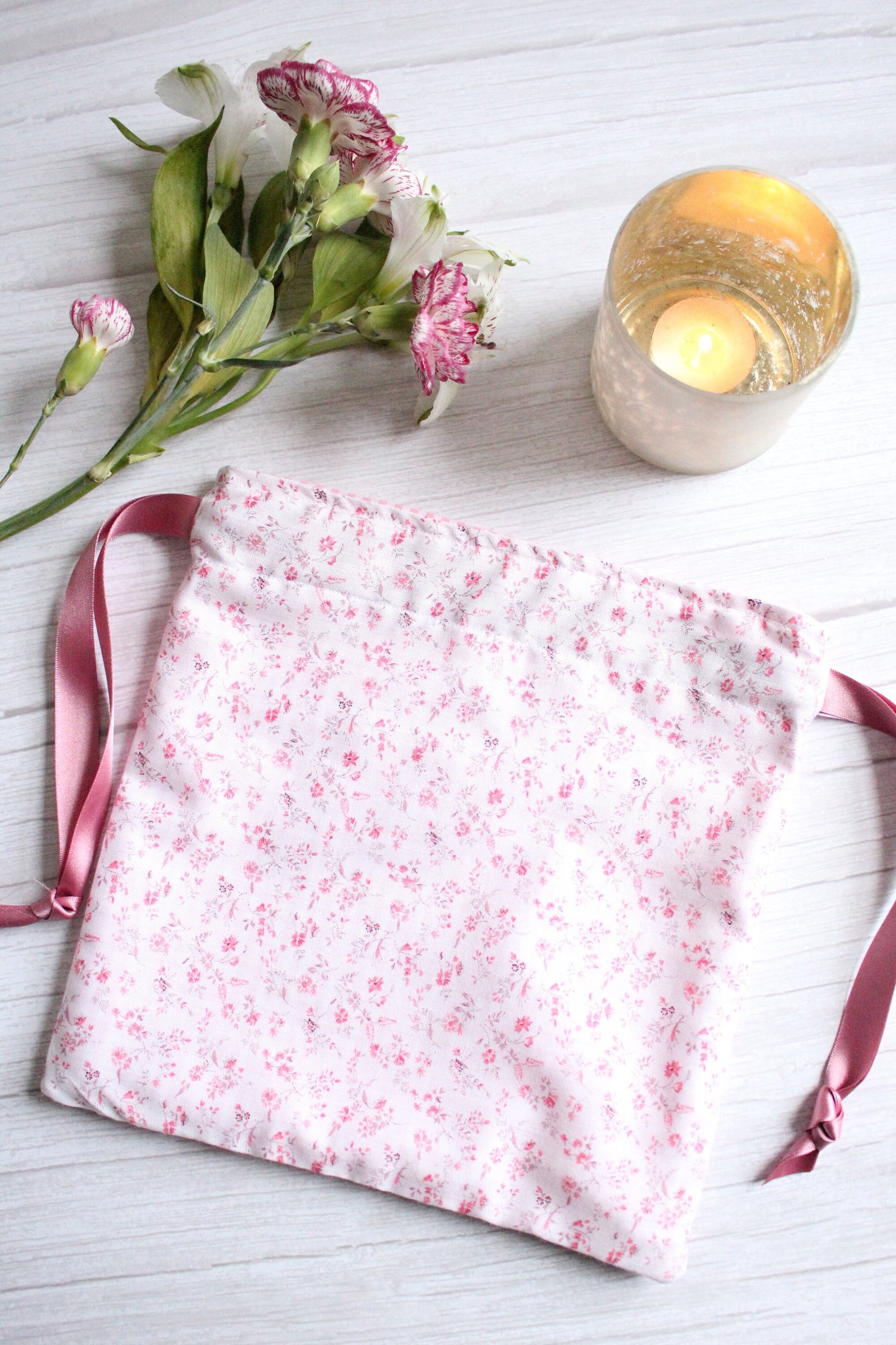 Pink Floral Fabric Drawstring Bag