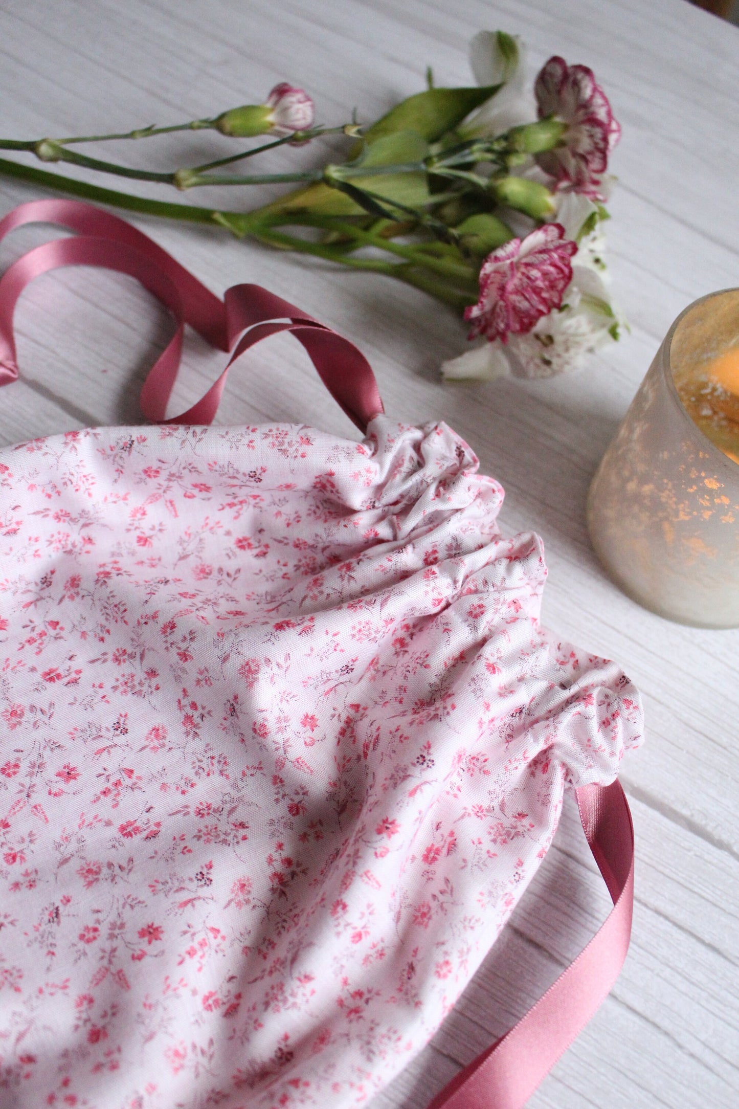 Pink Floral Fabric Drawstring Bag