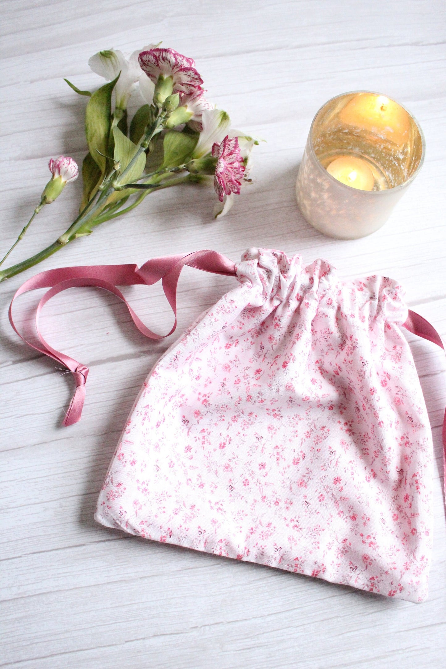 Pink Floral Fabric Drawstring Bag