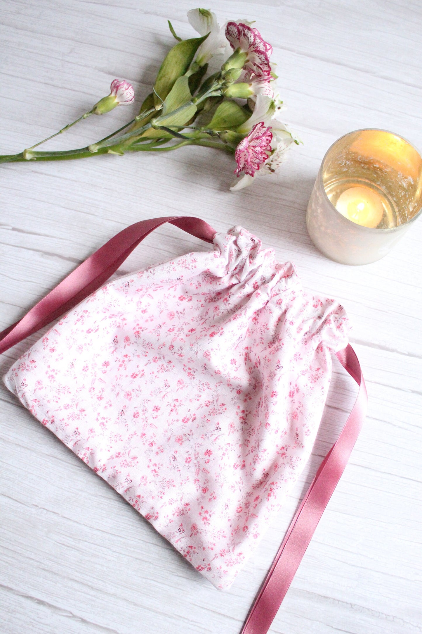 Pink Floral Fabric Drawstring Bag