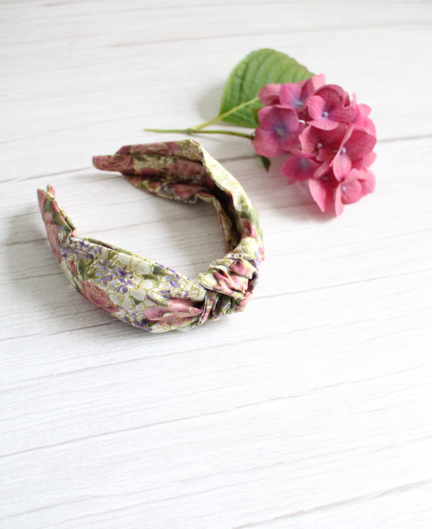 Candace Hairband - Vintage Floral Hydrangea Fabric Top Knot Hairband