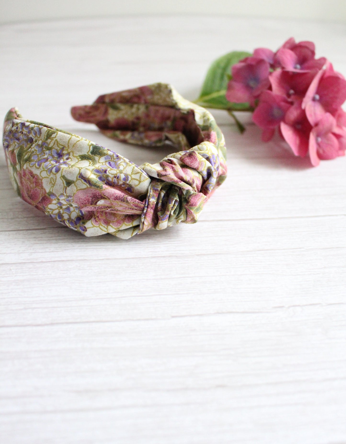 Candace Hairband - Vintage Floral Hydrangea Fabric Top Knot Hairband