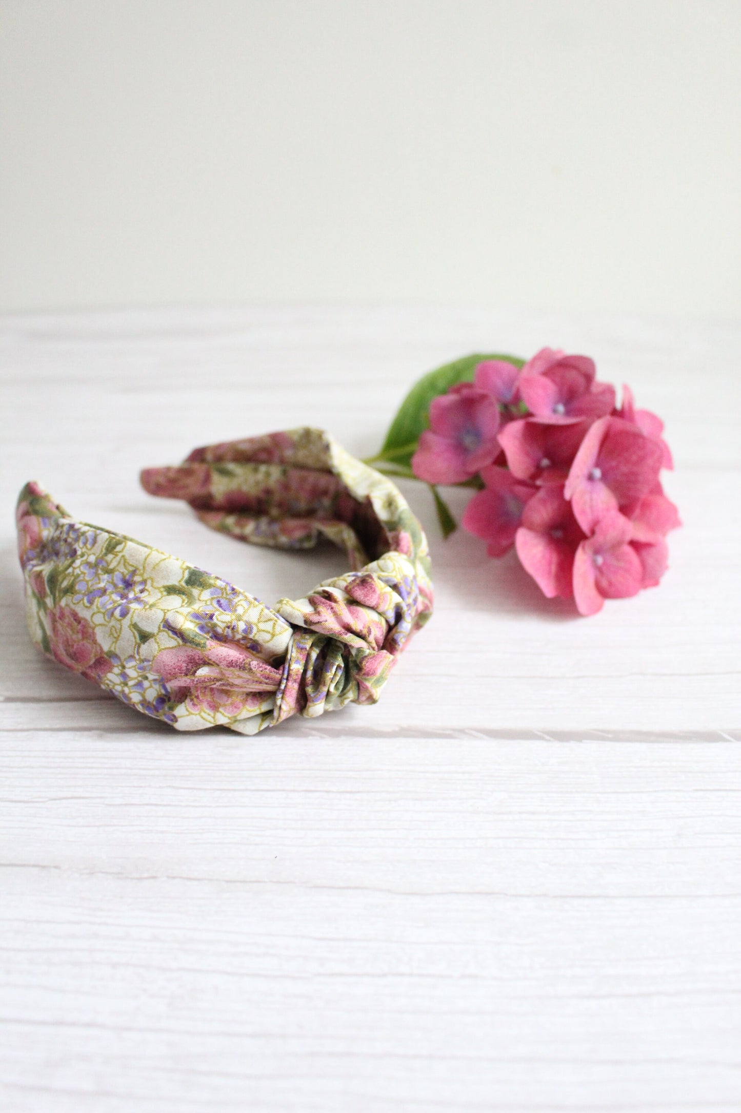 Candace Hairband - Vintage Floral Hydrangea Fabric Top Knot Hairband