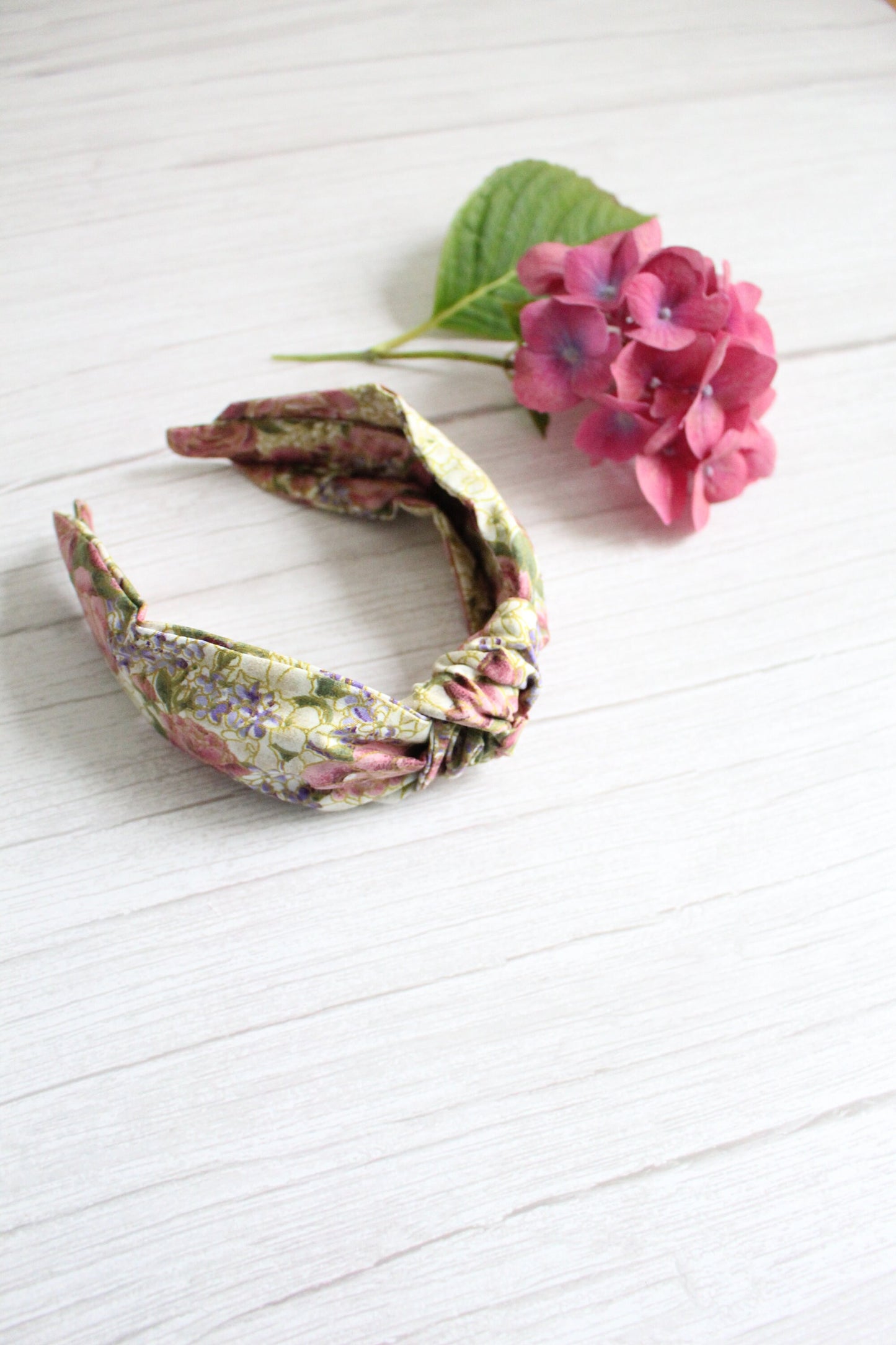 Candace Hairband - Vintage Floral Hydrangea Fabric Top Knot Hairband