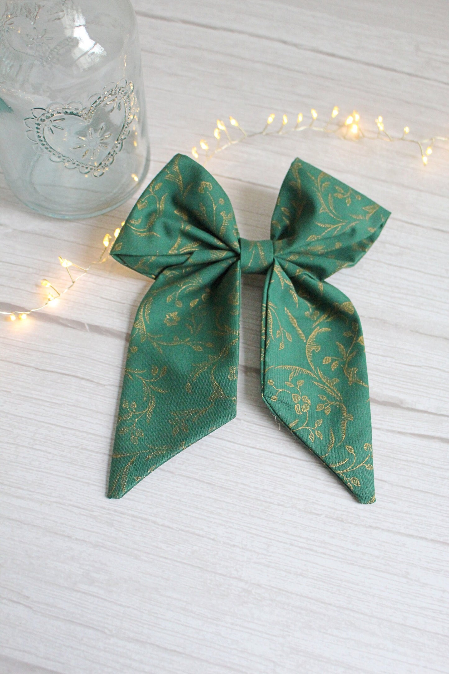 Green & Gold Patterned Fabric Hair Bow