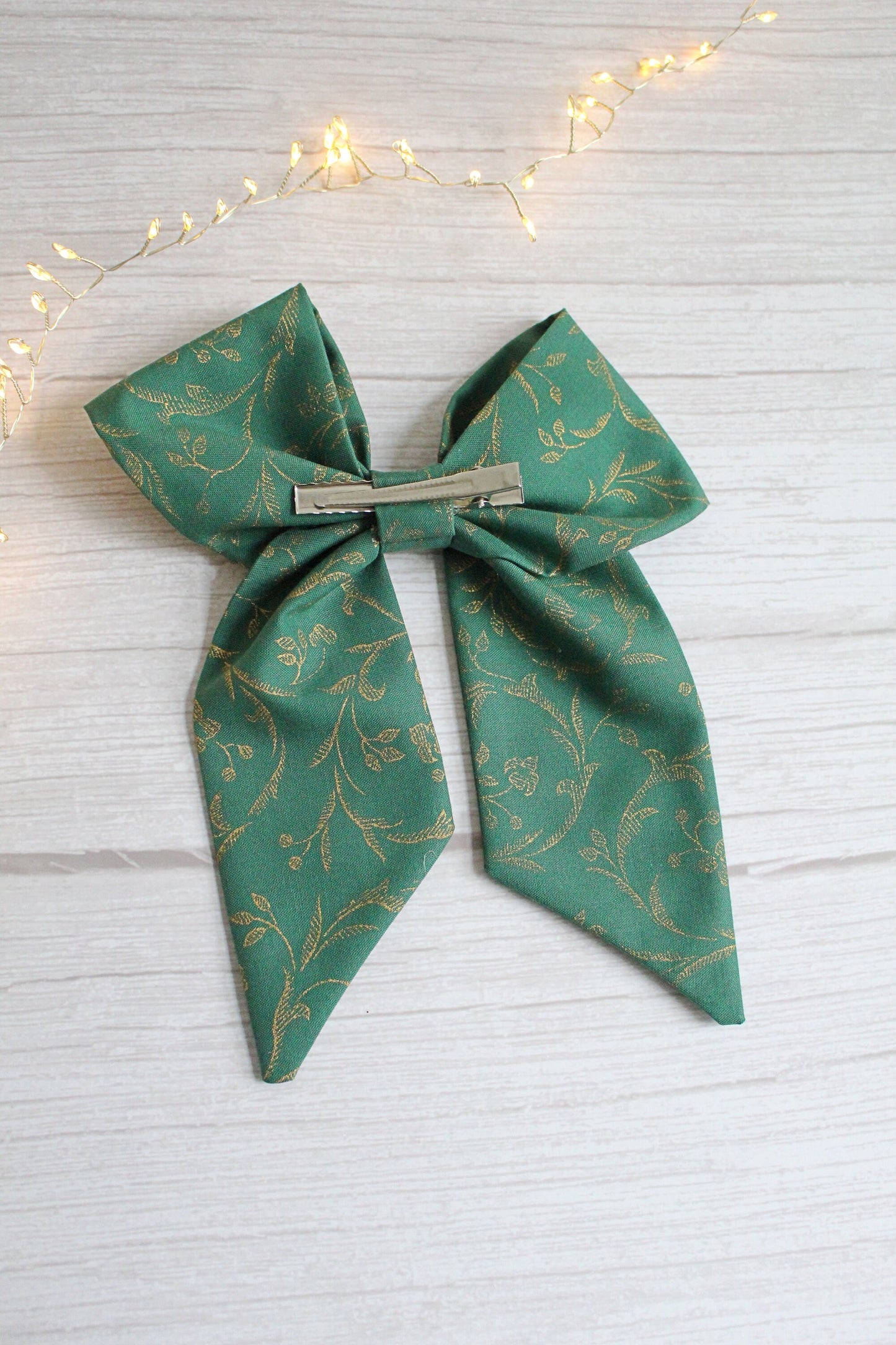 Green & Gold Patterned Fabric Hair Bow